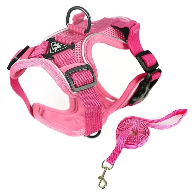 Pet Vest Harness + Traction Rope Set: Reflexní a prodyšný postroj pro psy a kočky, Velikost: S (Růžový)