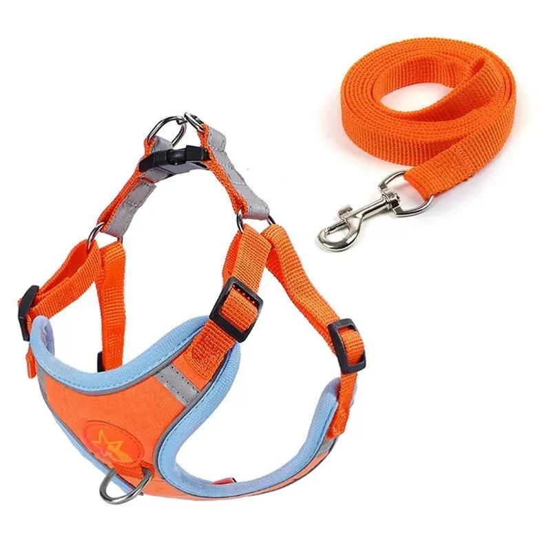 Reflexní hrudní popruh pro psy - bezpečný a pohodlný, suede oranžový (L)