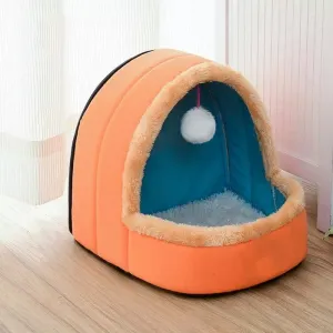 Teplý měkký pelíšek pro psa a kočku - skládací domek s hračkou (oranžový, M)
